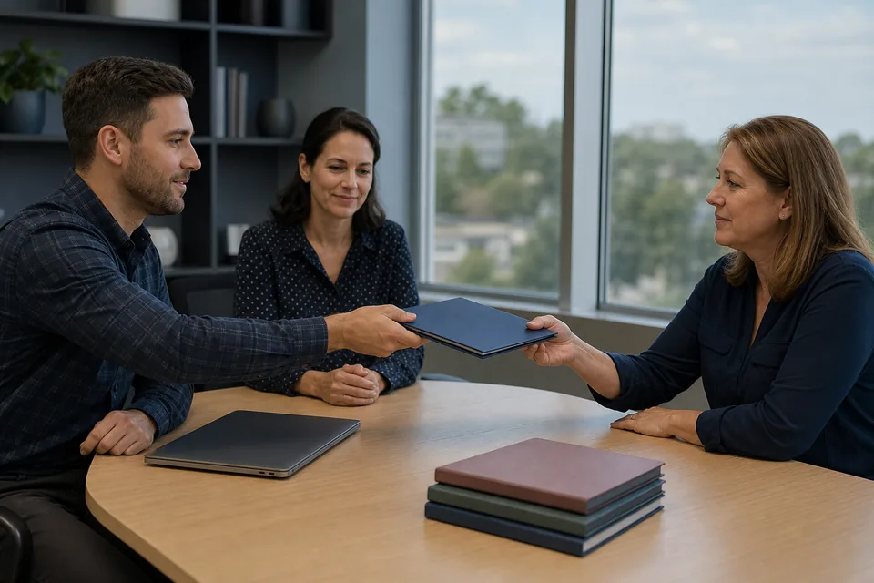 Operations lead handing a folder of signed agreements to a colleague across a meeting table