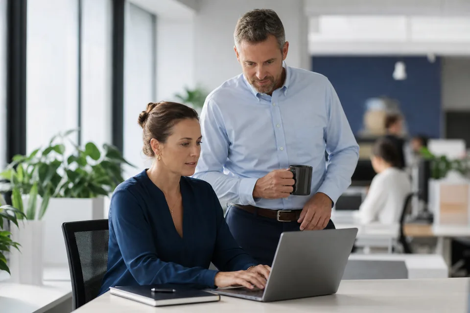Sales manager at her desk filling in a short contract request form on a laptop while a colleague waits with coffee