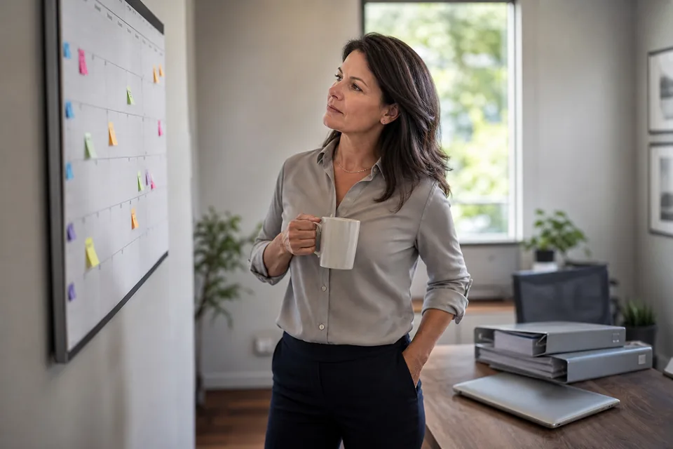 Operations manager checking contract dates on a wall calendar at her desk