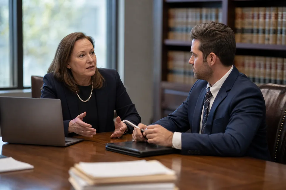 Law firm partner and an associate reviewing a client matter at a conference table with a laptop