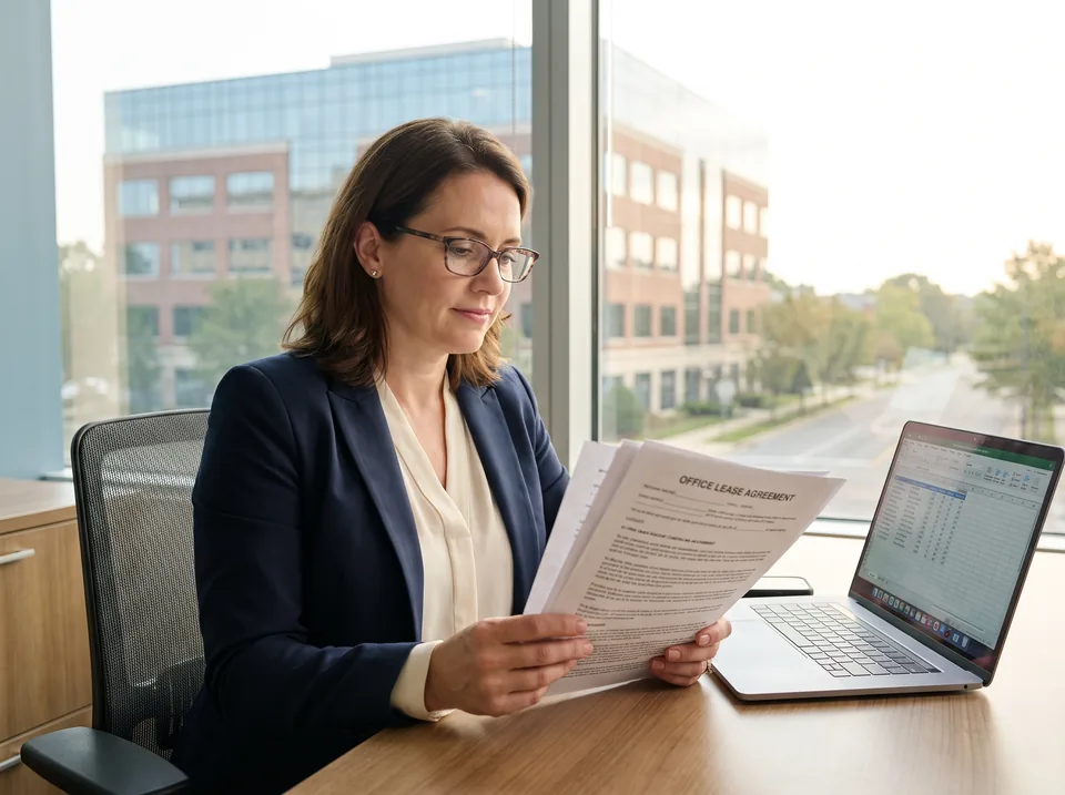 Property manager reviewing an office lease next to a laptop